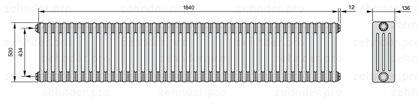 Схема (чертеж) Радиатор Zehnder Charleston 4050/40 №1270 Белый глянцевый RAL 9016